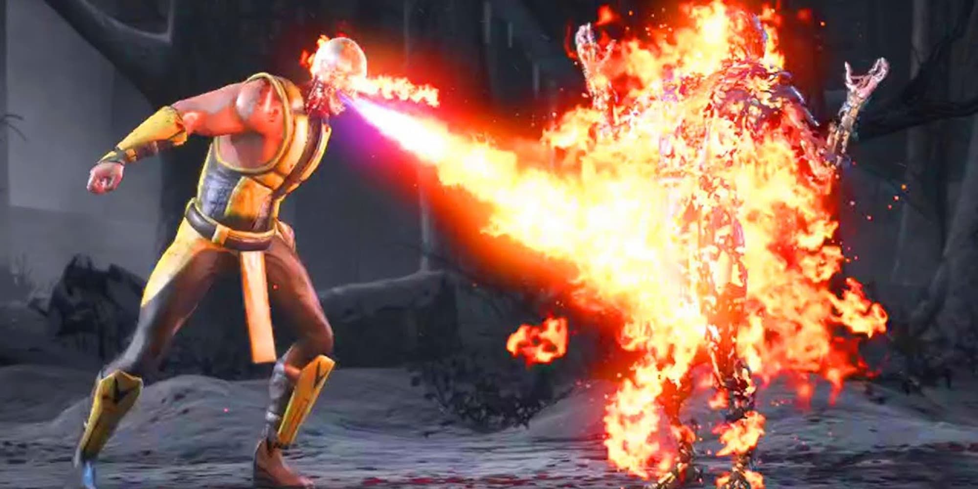 Scorpion breathes fire on his opponent to burn them alive with the Toasty Fatality in Mortal Kombat X.