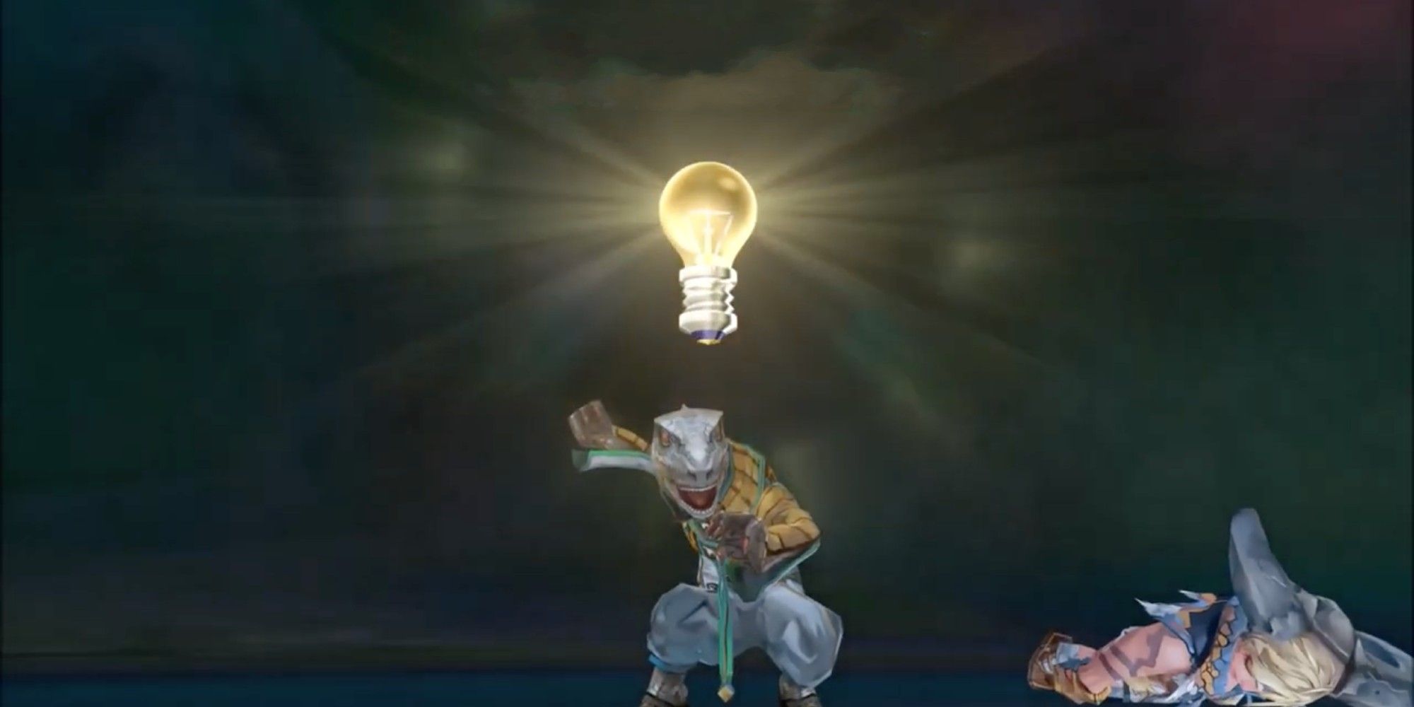 The Geckling Guella Ha is preparing to perform a move while an ally lies unconsious on the ground
