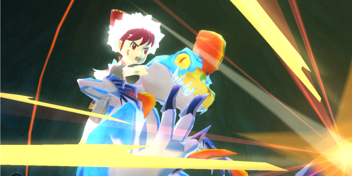 Character riding a dinosaur in Monster Hunter Stories
