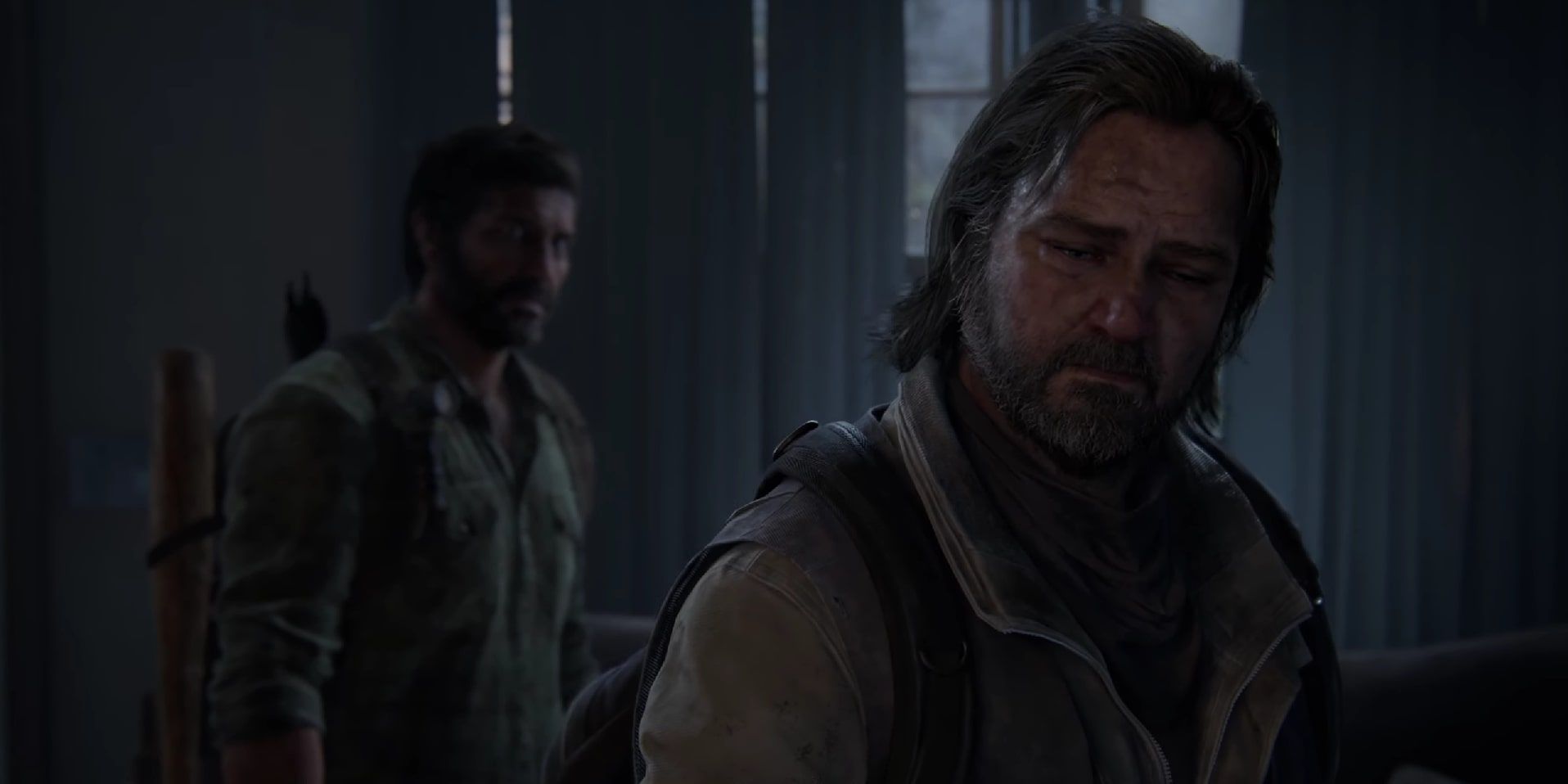 Bill with a deeply sorrowful expression on his face after cutting down Frank from the noose, and Joel being very concerned in the situation behind him.