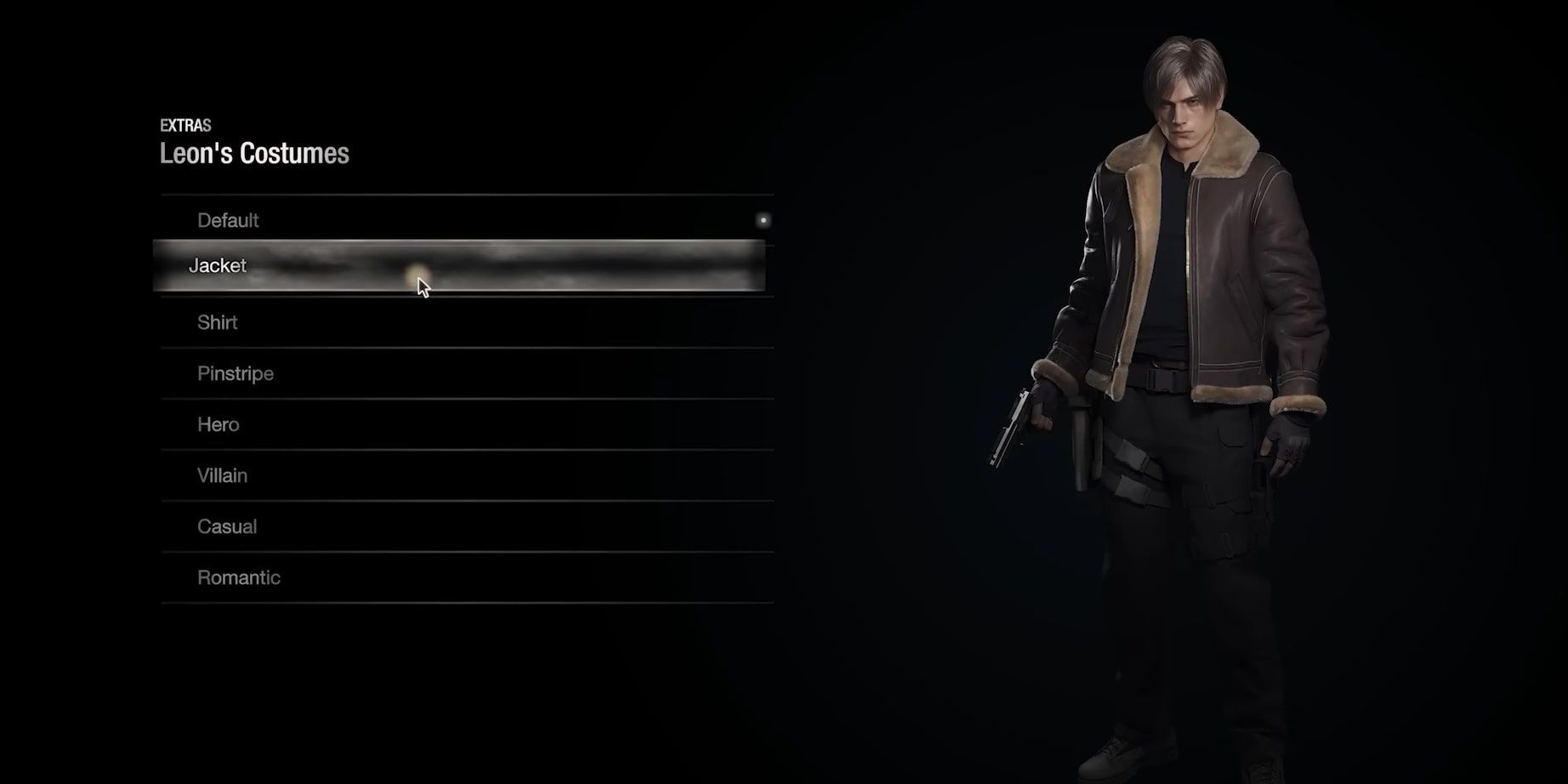 Leon dressed in his iconic brown leather jacket over the shirt from his costume selection menu.