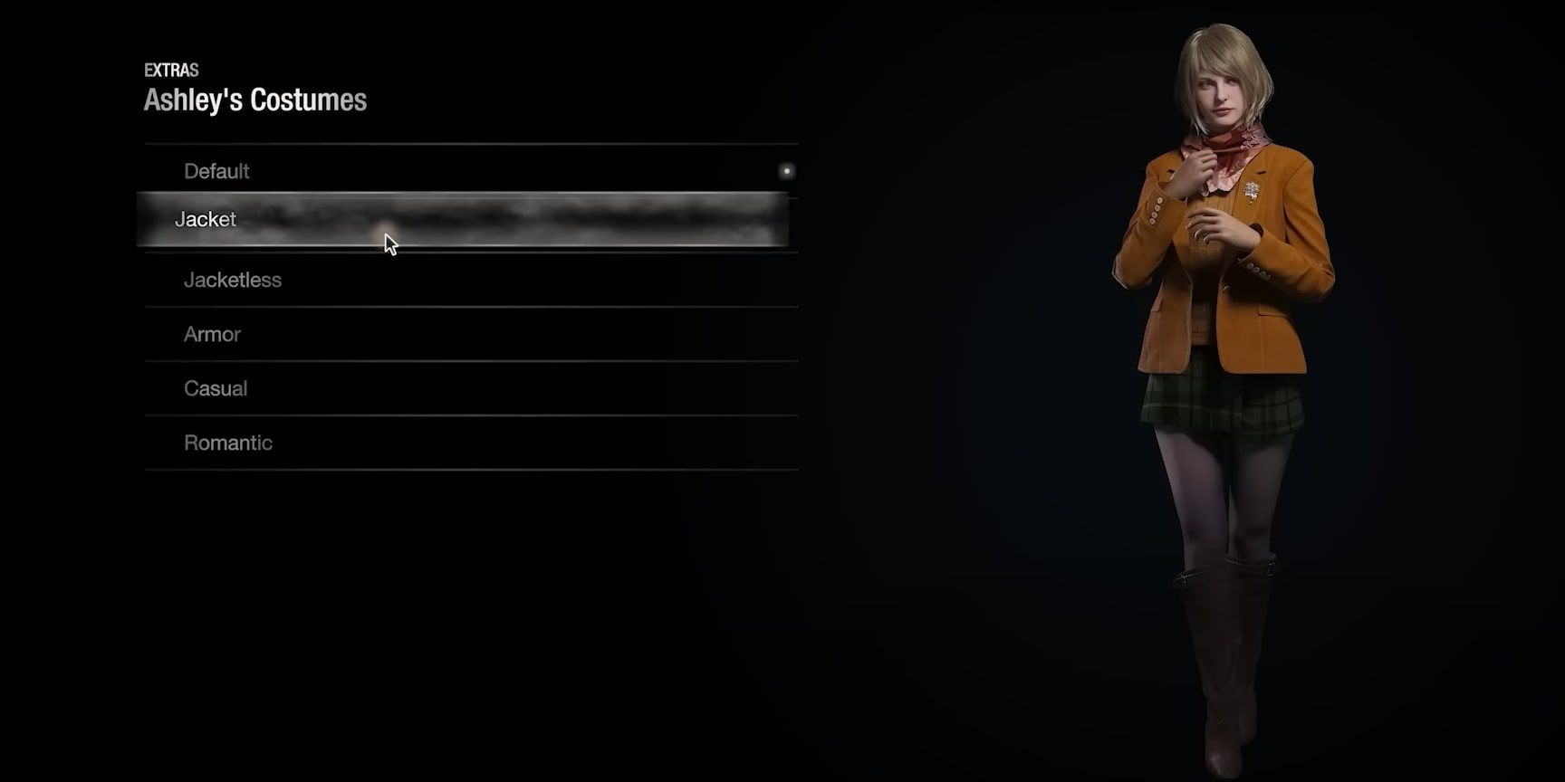Ashley dressed in her standard orange jacket costume from her costume menu selection screen.