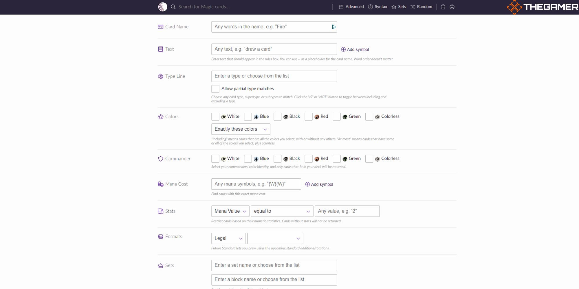 The Advanced Search page of Scryfall