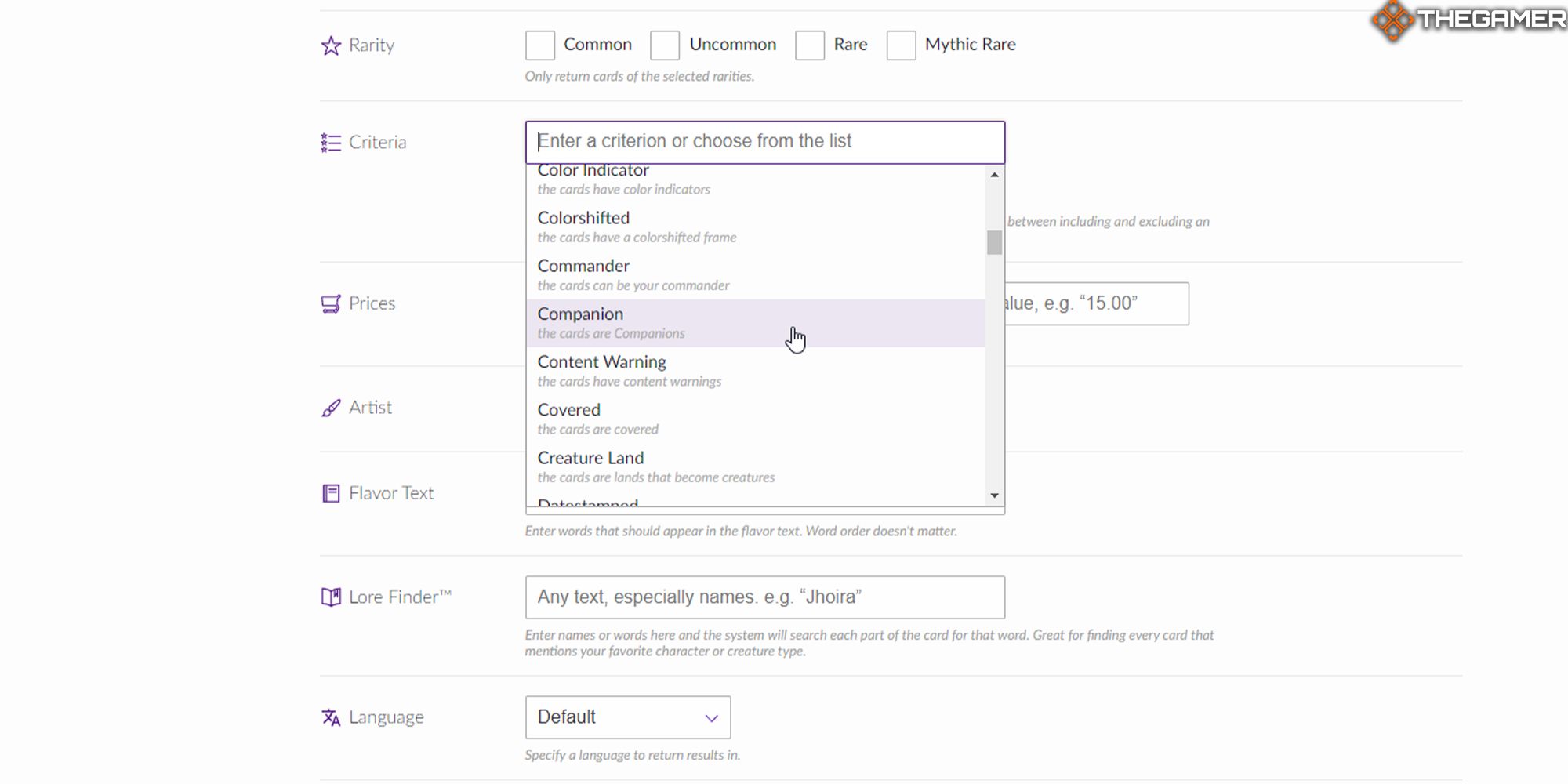 The Criteria field in Scryfall's advanced search