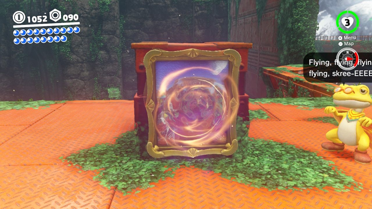 Mario enters a secret painting leading to Toastarena in the Wooded Kingdom in Super Mario Odyssey.