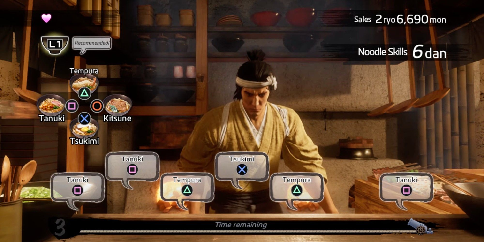 Ryoma receives six different orders of udon assigned to different playstation controller buttons