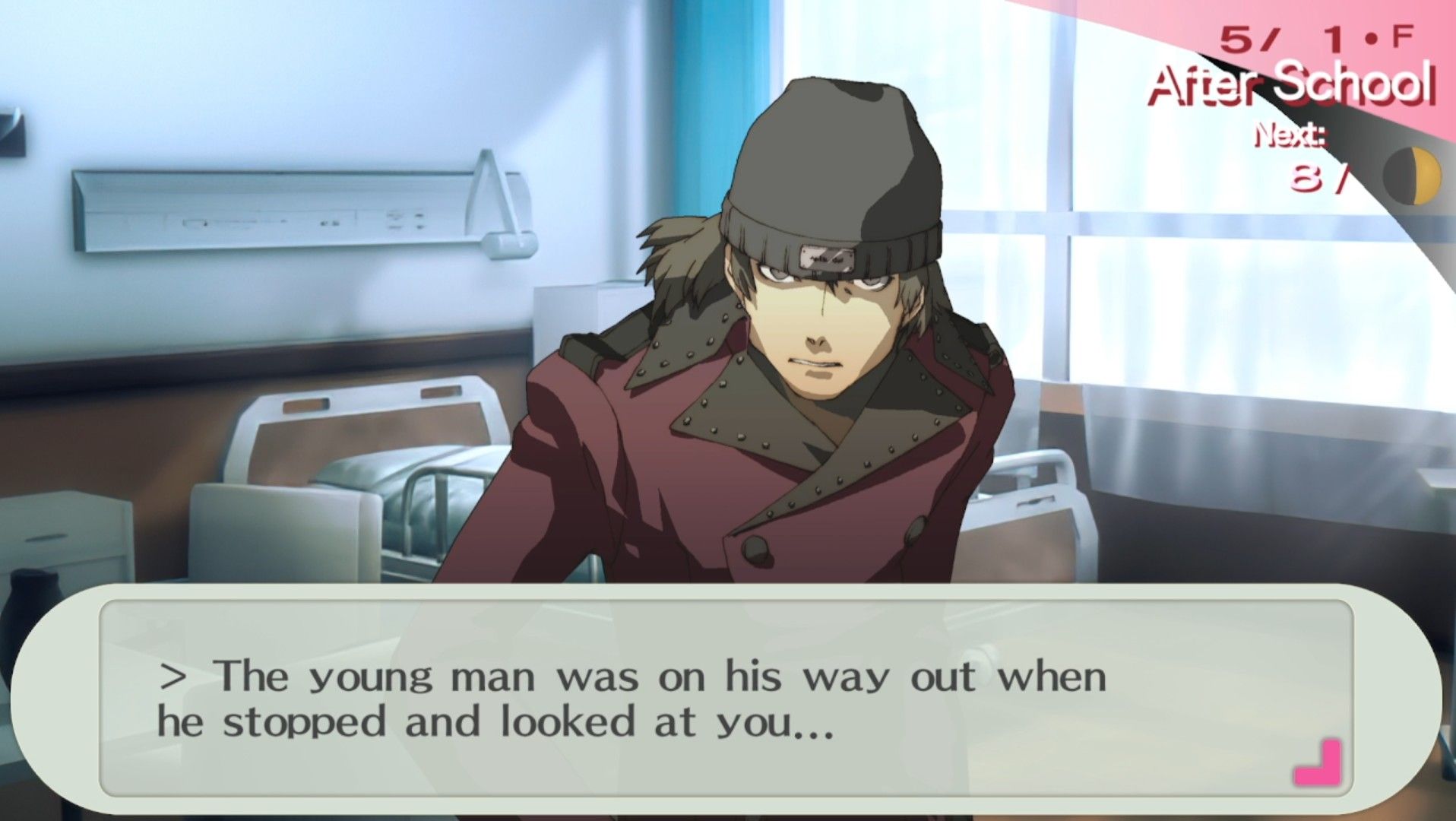 shinjiro at akihiko's checkup at the hospital staring at the female protagonist of persona 3 portable