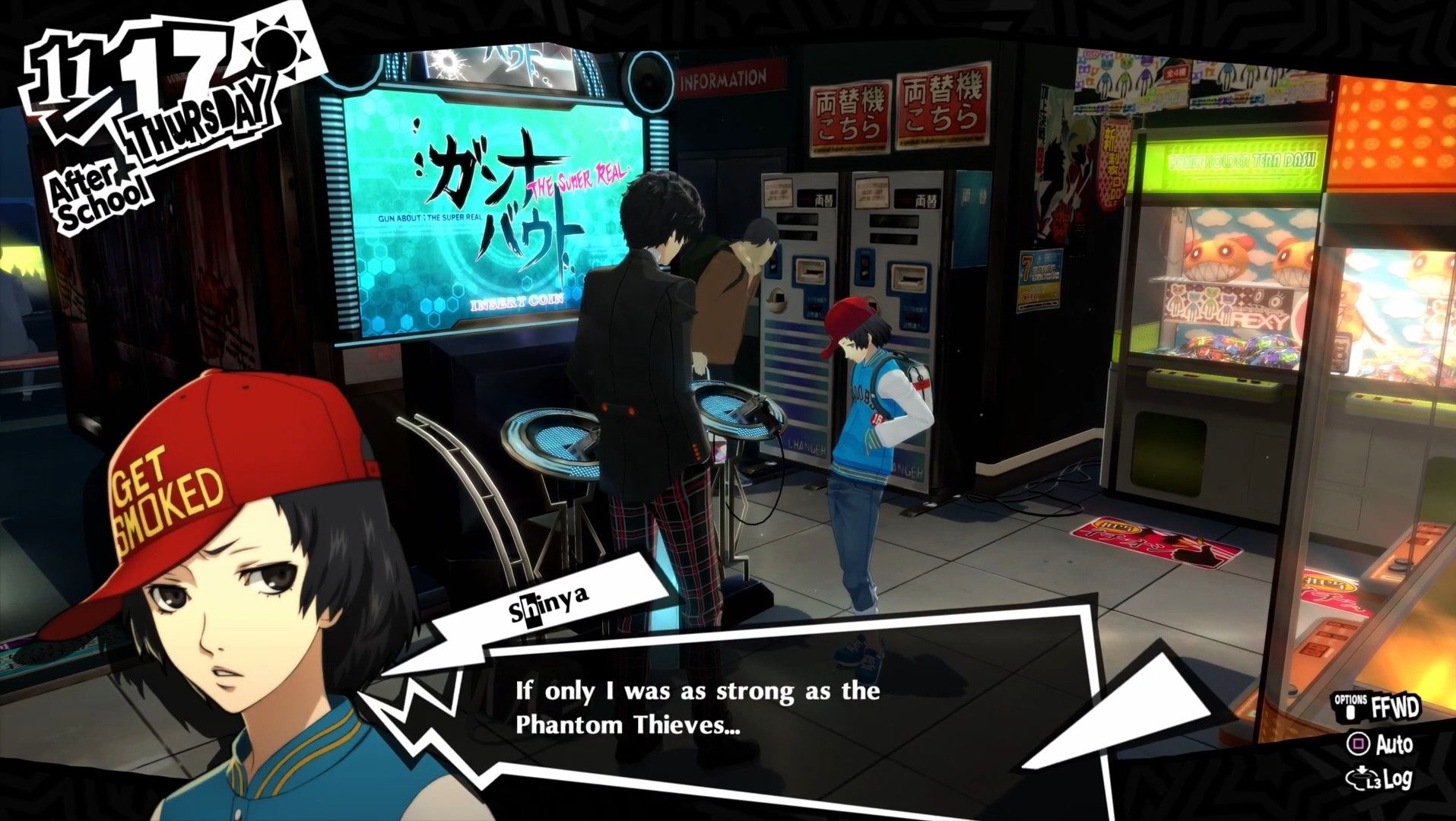 shinya at the akihabara arcade telling joker he wishes he were as strong as the phantom thieves in persona 5 royal