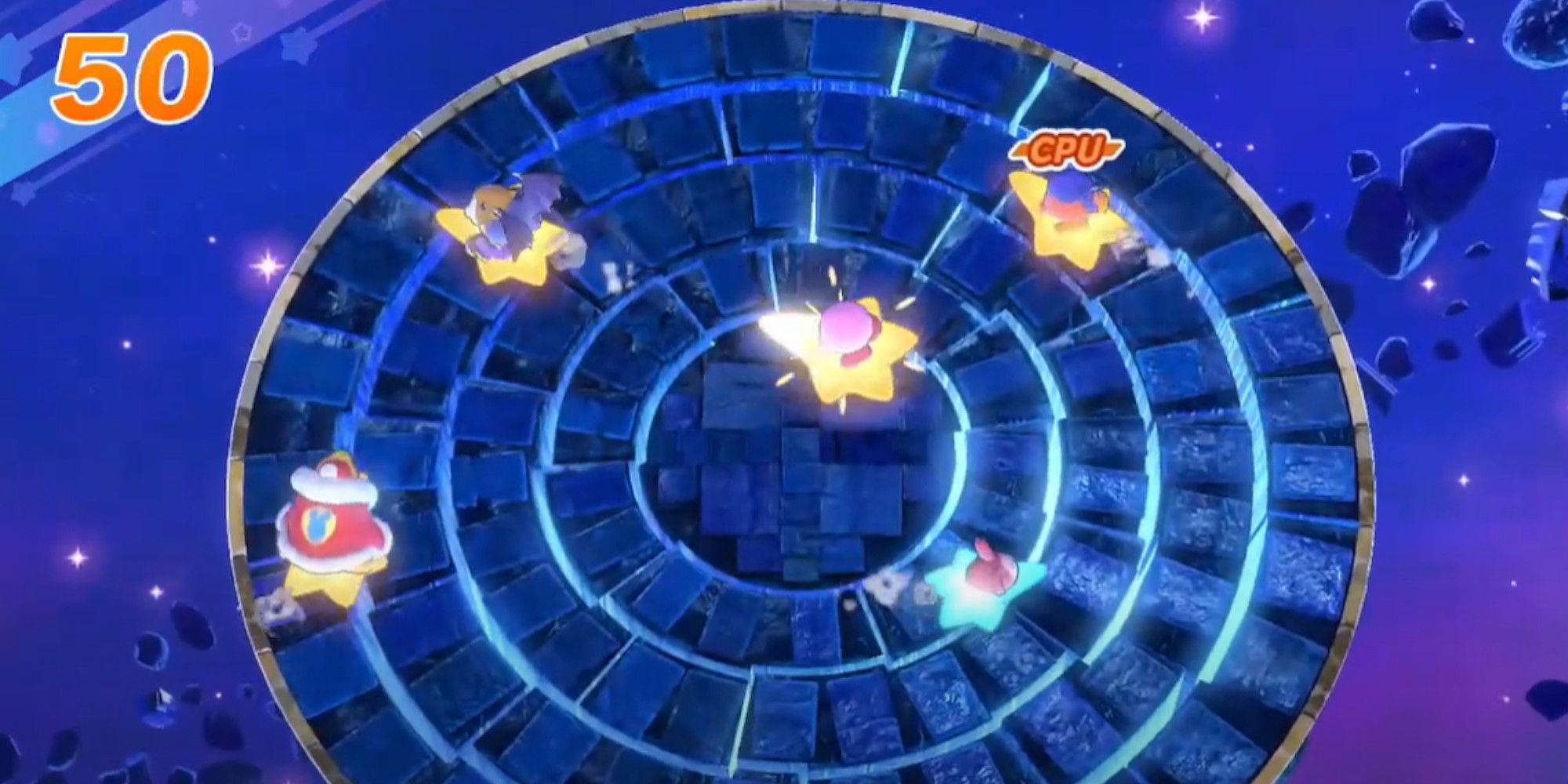 Kirby, Meta Knight, Kind Dedede, and Waddle Dee playing Smash Ride