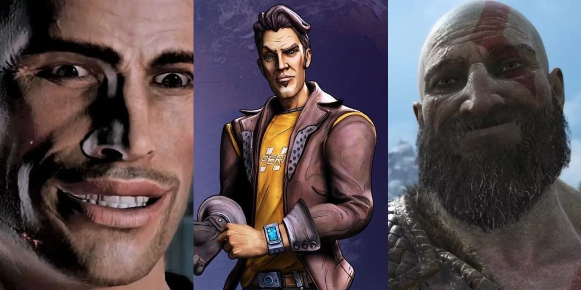 Commander Shepard, Handsome Jack, and Kratos all smile