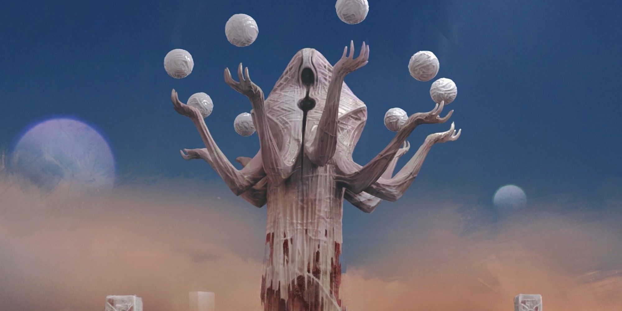 MTG A Phyrexian statue holding many floating orbs