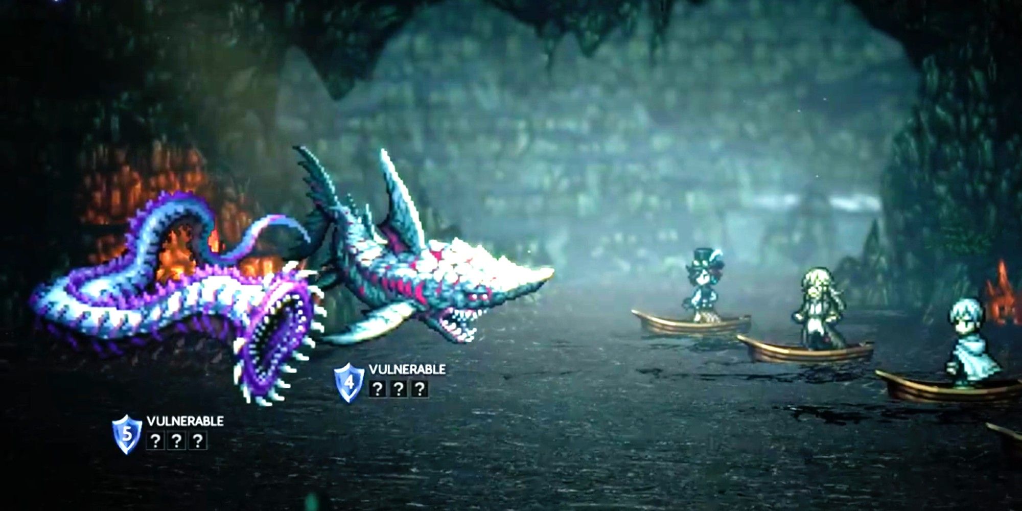 Spiny Eel and a Savage Shark attack the party on boats - Octopath Traveler 2