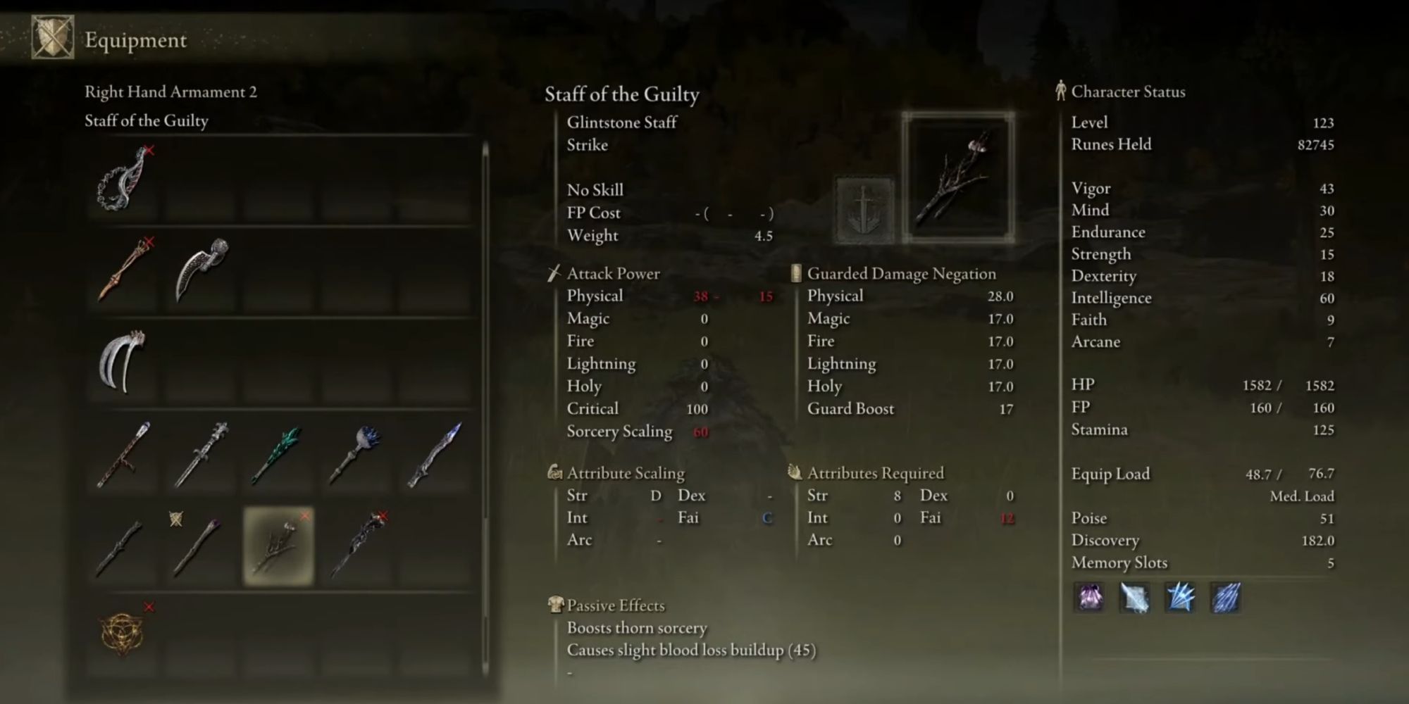 Staff of the Guilty stat page in Elden Ring