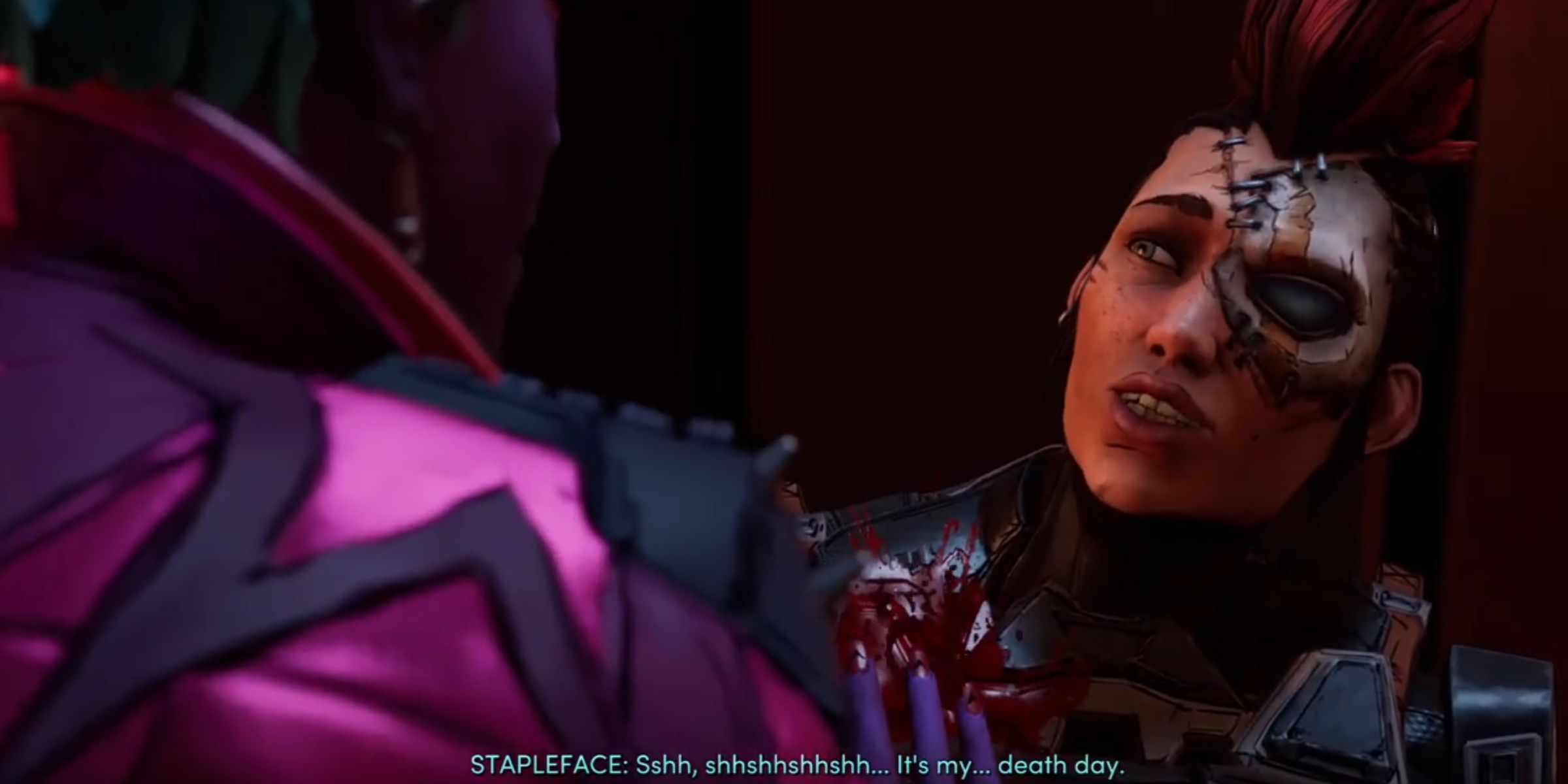 Stapleface bleeding out from a bullet wound, as seen from right behind Anu
