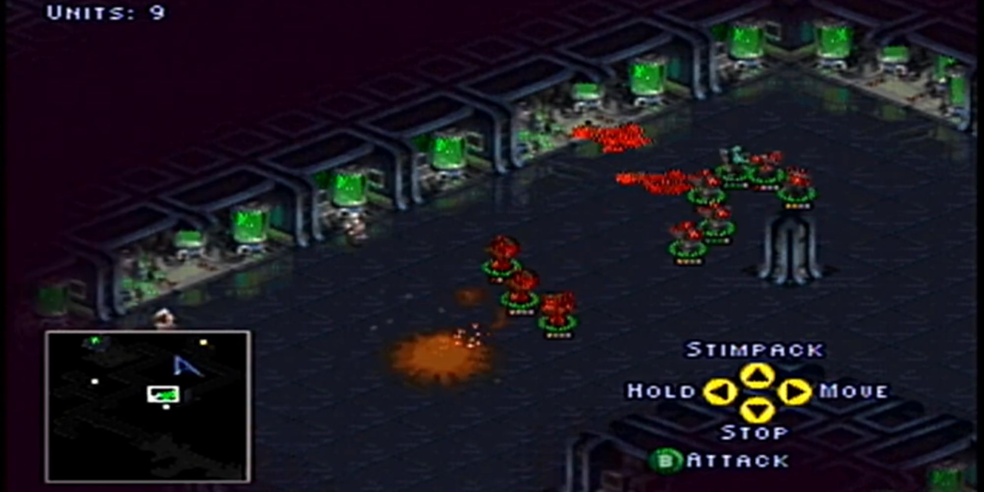 A small group of units attack enemies in a hallway