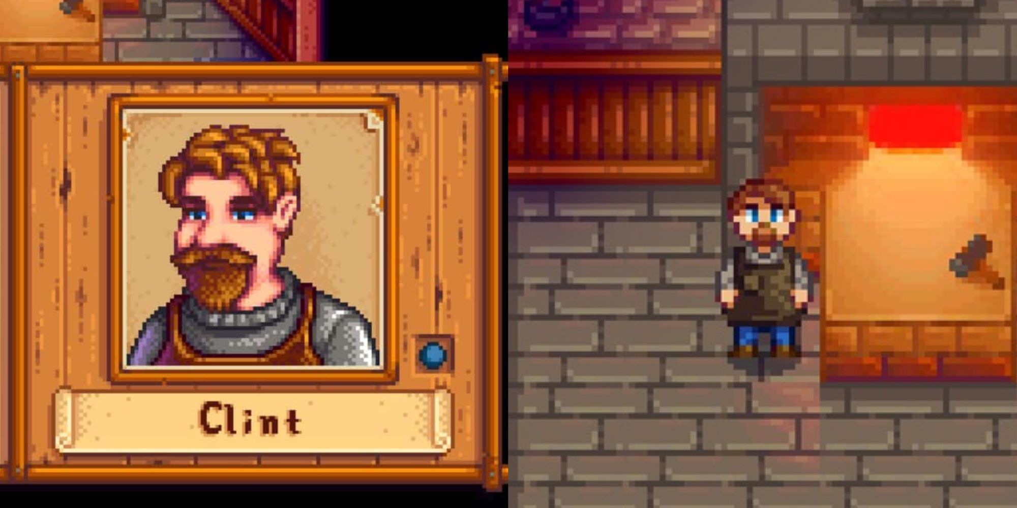 Stardew Valley portrait (left) and game sprite (right) of the character Clint