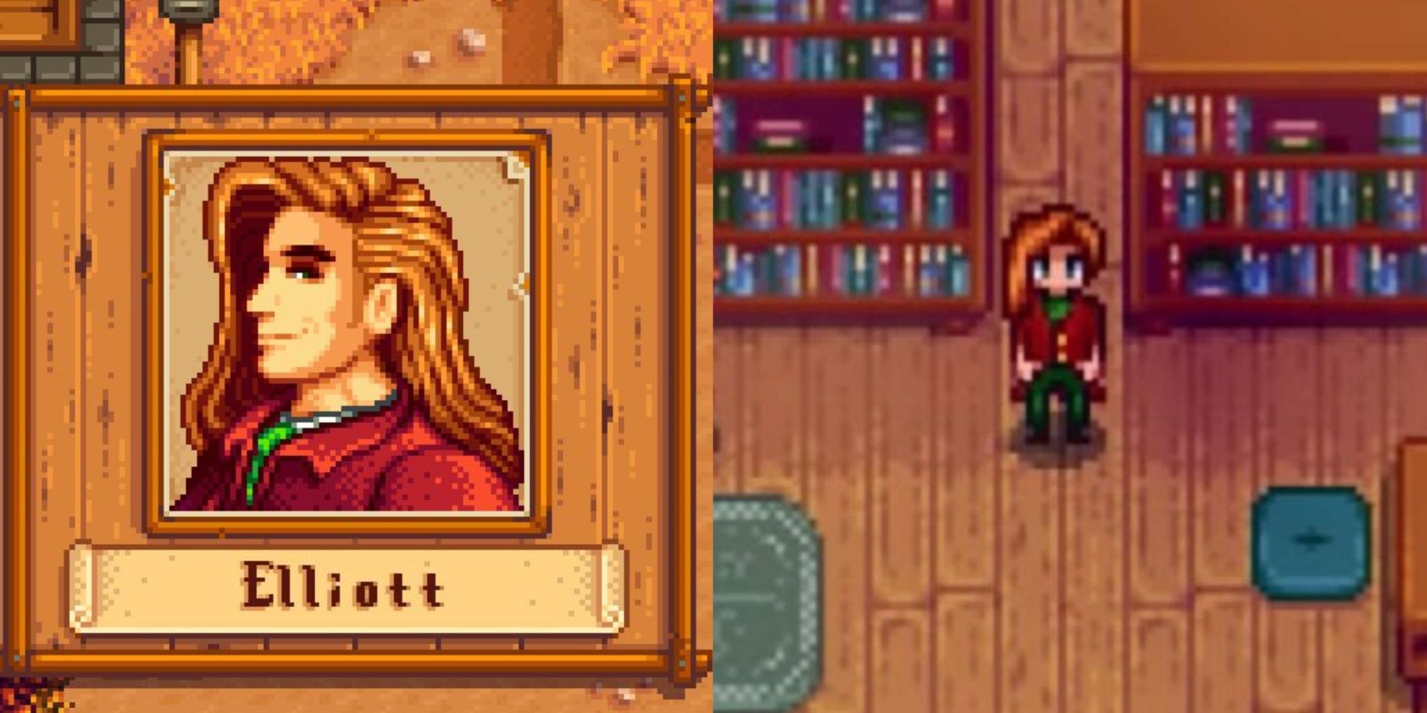 Stardew Valley portrait (left) and game sprite (right) of the character Elliott