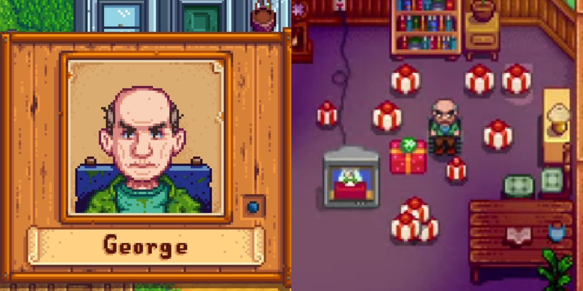 Stardew Valley portrait (left) and game sprite (right) of the character George