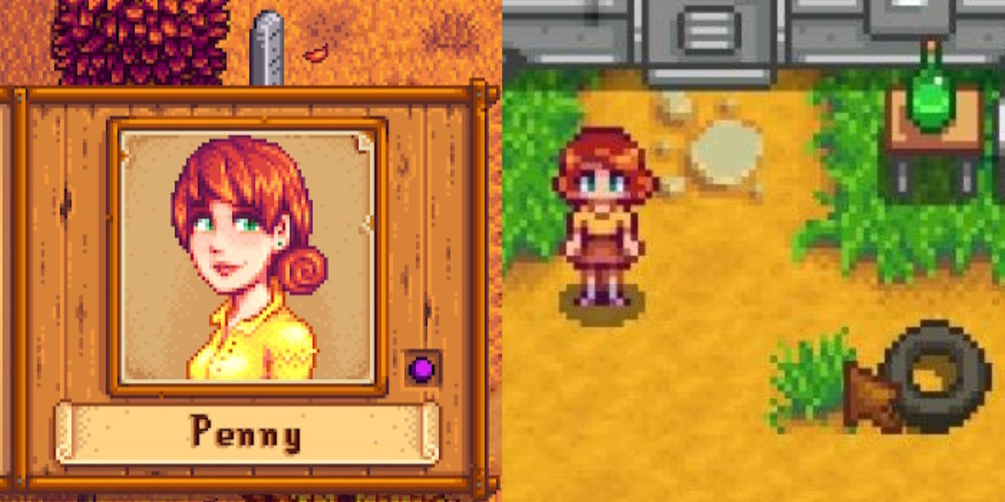 Stardew Valley portrait (left) and game sprite (right) of the character Penny