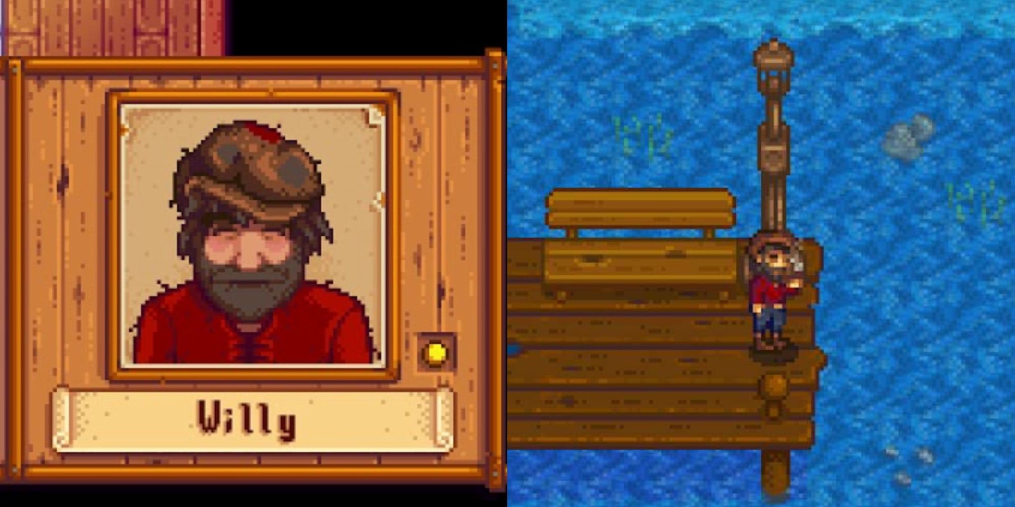 Stardew Valley portrait (left) and game sprite (right) of the character Willy
