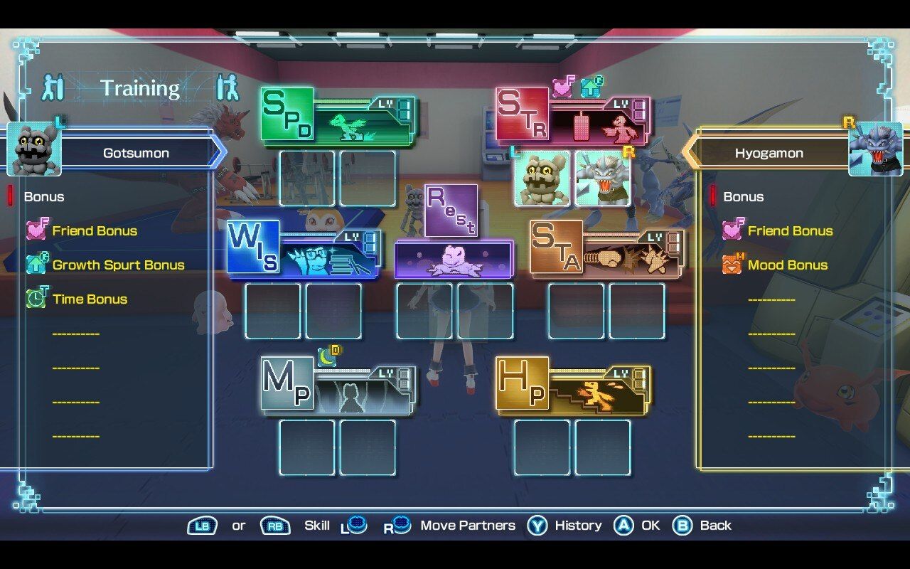Digimon World: Next Order training menu showing six stats