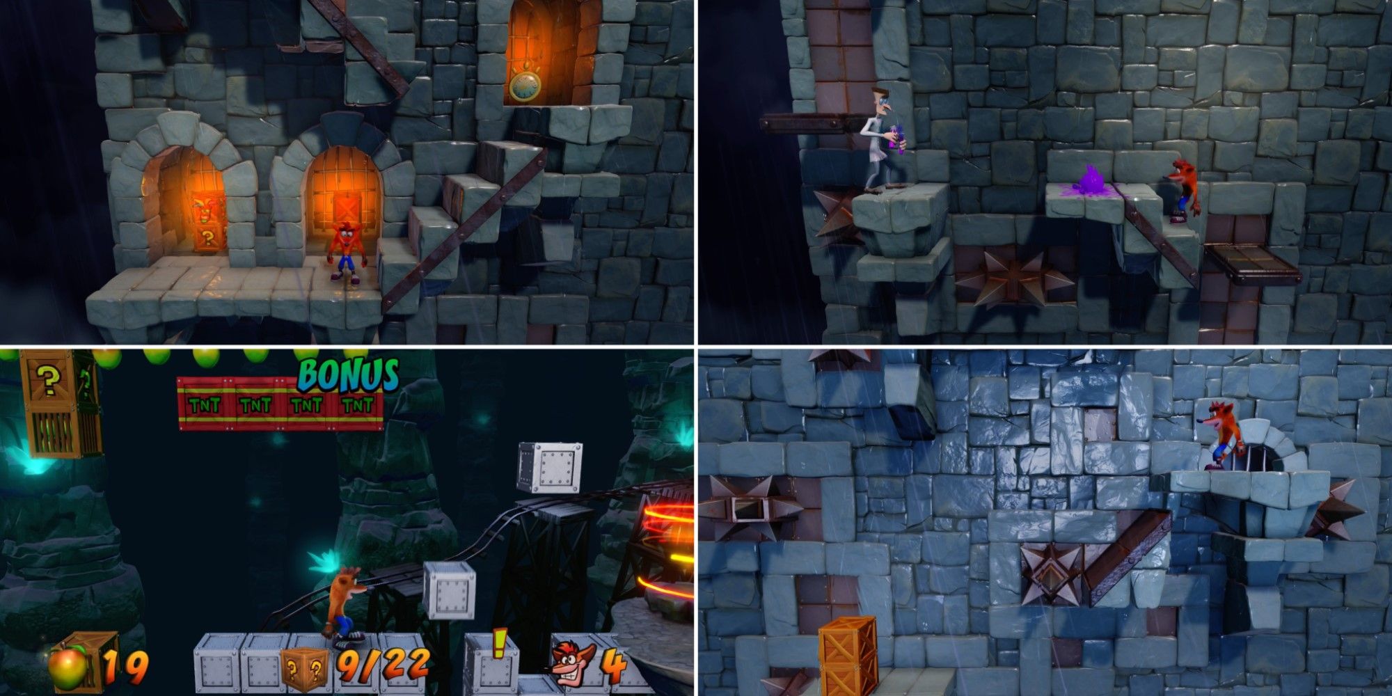 Four screenshots of the level Stormy Ascent from Crash Bandicoot N-Sane Trilogy
