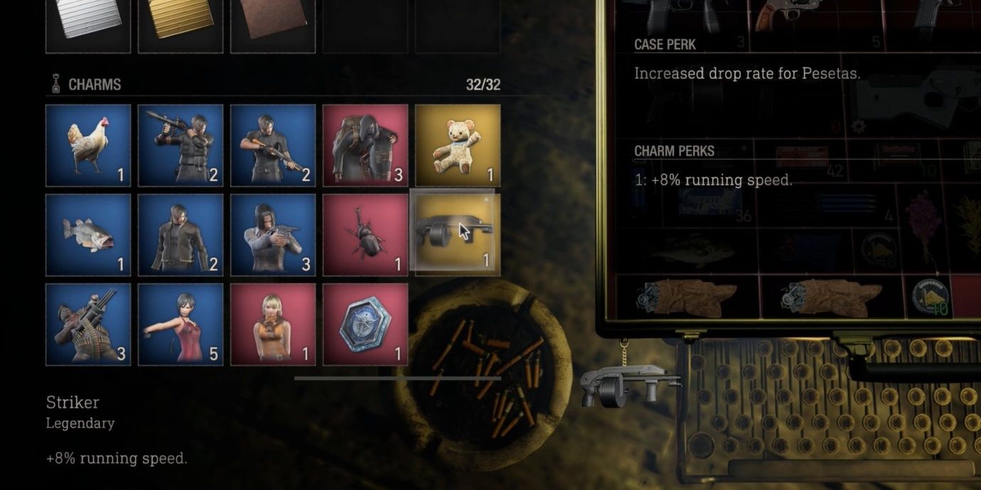 Striker charm equipped on the attaché case with the side menu UI visible. 