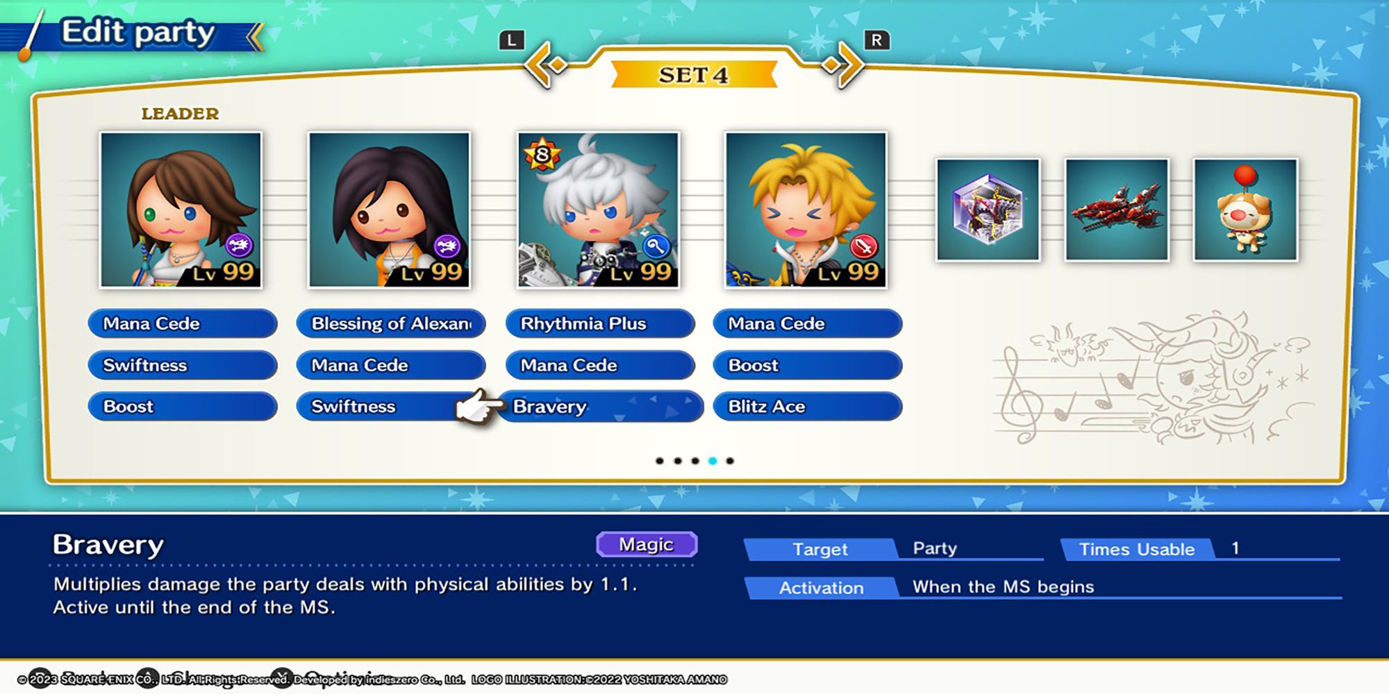 Yuna, Garnet, Alphinaud, and Tidus in a summoner-focused party for Theatrhythm: Final Bar Line.
