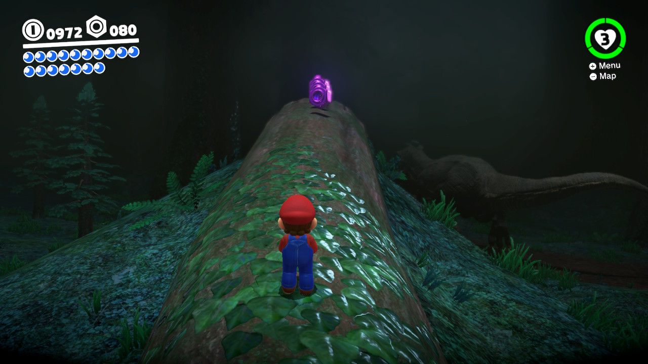Purple Coins on top of a log in Deep Woods in Super Mario Odyssey.