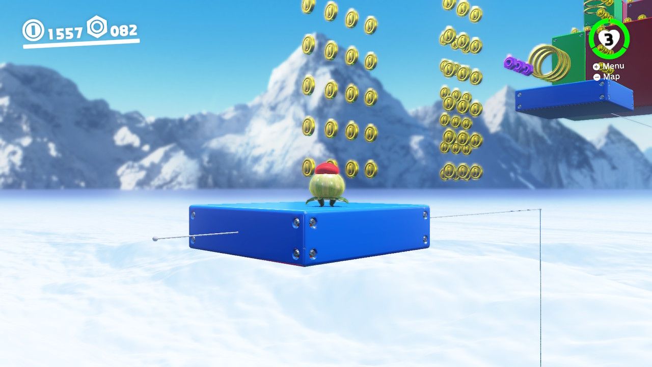 Mario in a bonus level of the Wooded Kingdom riding a platfom with coins around in Super Mario Odyssey.