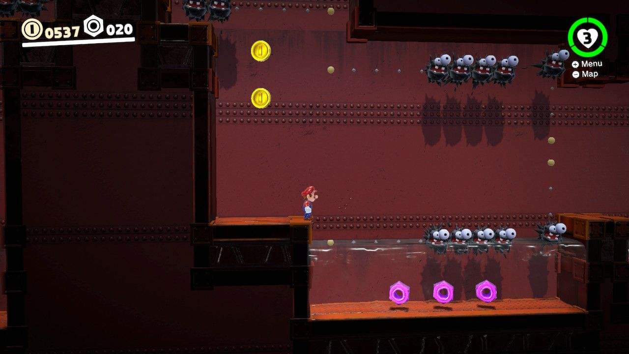 Mario in a bonus level in the Wooded Kingdom with some enemies and purple coins nearby in Super Mario Odyssey.