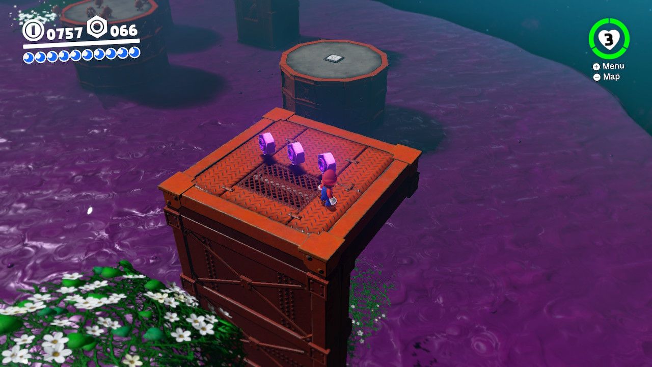 Mario in a bonus area of the Wooded Kingdom on a metal platform with purple coins in Super Mario Odyssey.
