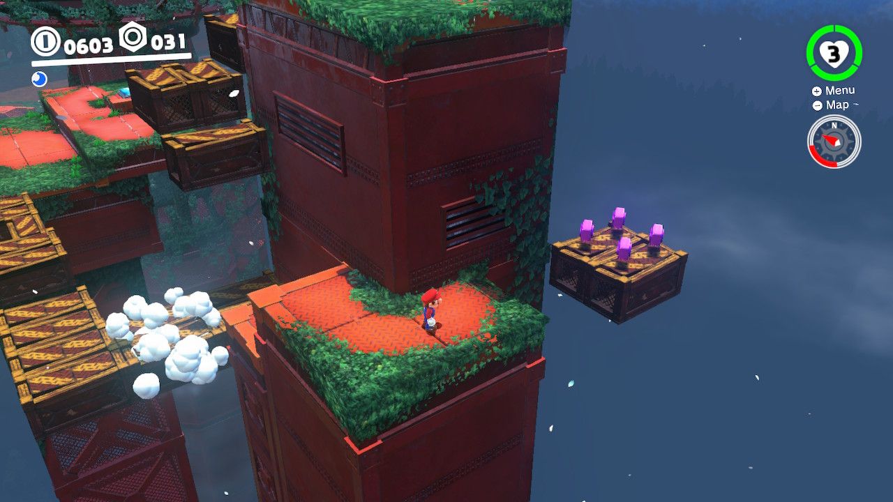 Mario on a metal structure with collapsible platforms to the side in the Wooded Kingdom in Super Mario Odyssey.