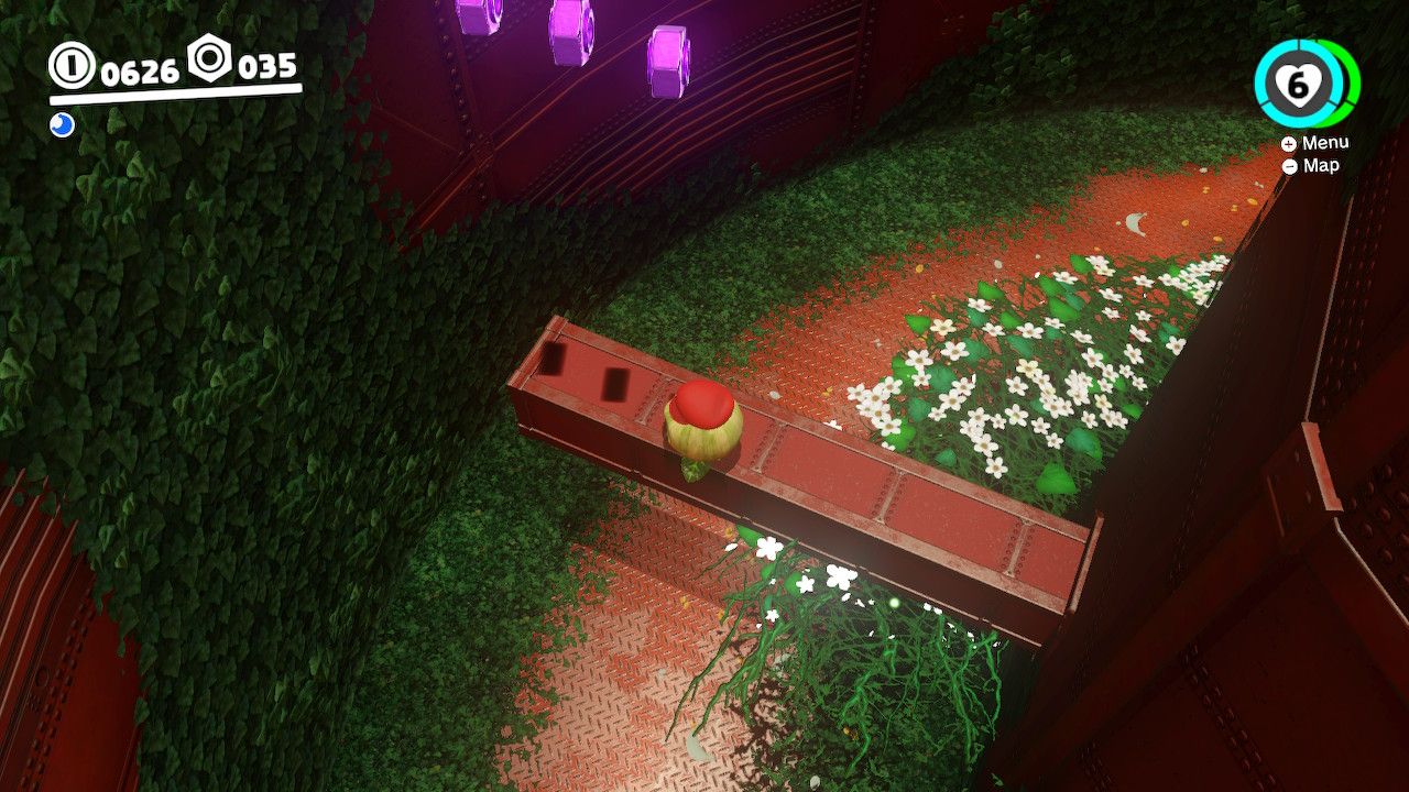 Mario travels in a metal structure and tries to collect the purple coins  in the Wooded Kingdom in Super Mario Odyssey.
