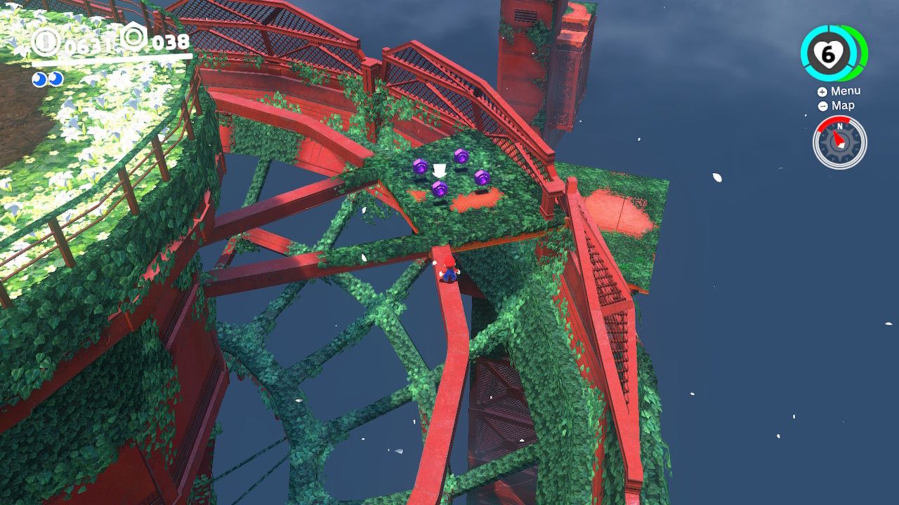 Mario traveling across a balance beam to reach some purple coins in the Wooded Kingdom in Super Mario Odyseey.