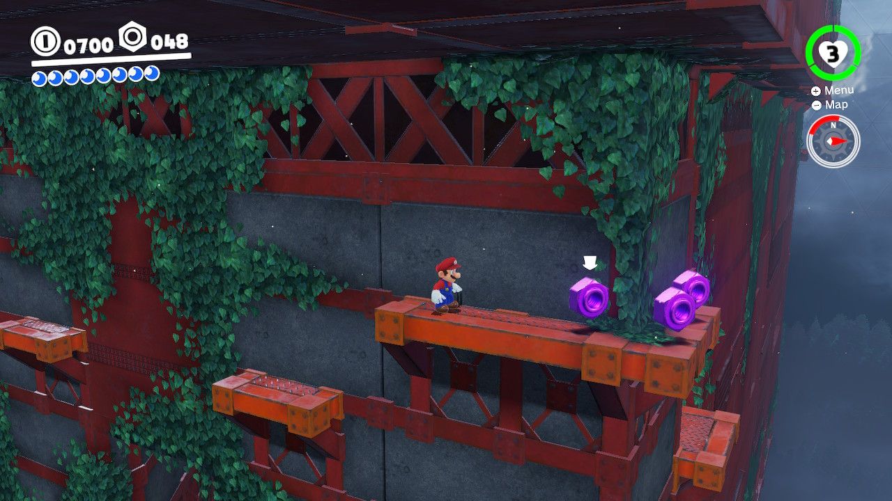Mario on metal platforms next to some purple coins in the Wooded Kingdom in Super Mario Odyssey.