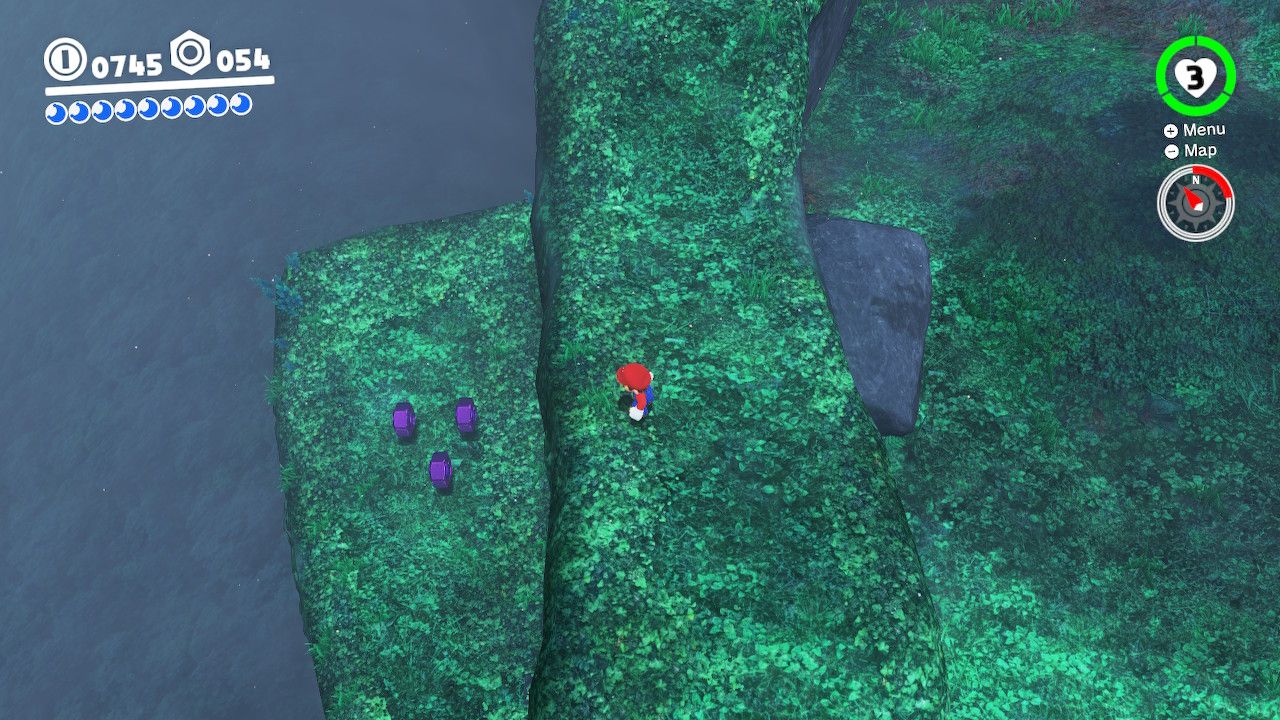 Mario near the Odyssey looking down to the purple coins nearby in the Wooded Kingdom in Super Mario Odyssey.