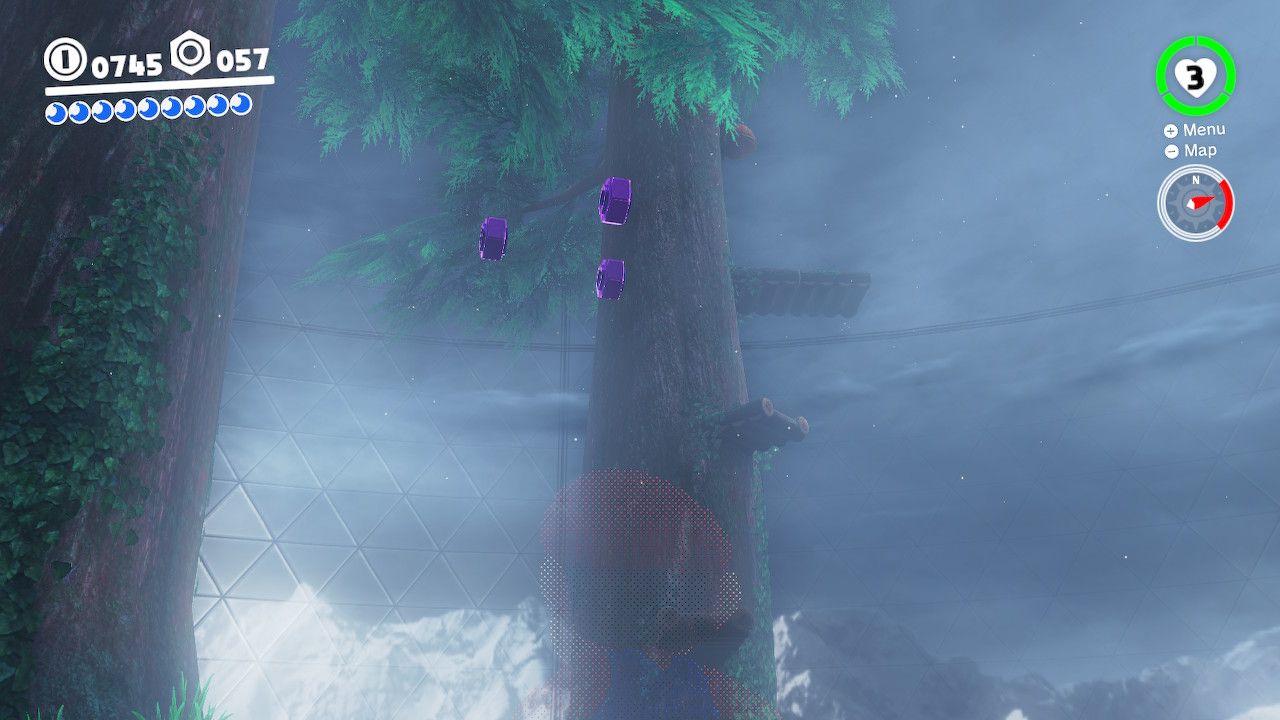 Coins floating in the air near some trees in the Wooded Kingdom in Super Mario Odyssey.