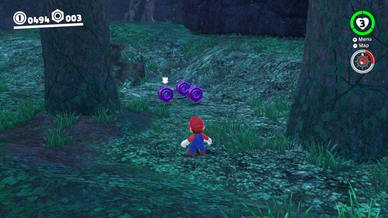 Mario standing next to some purple coins in the Wooded Kingdom in Super Mario Odyssey.