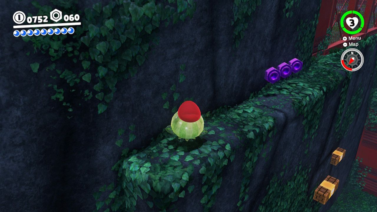 Mario capturing an enemy while standing next to purple coins in Wooded Kingdom in Super Mario Odyssey.