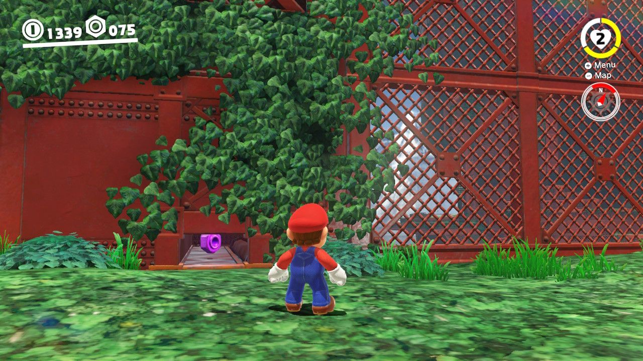 Mario near a hole in the wall with purple coins in it in the Wooded Kingdom in Super Mario Odyssey.