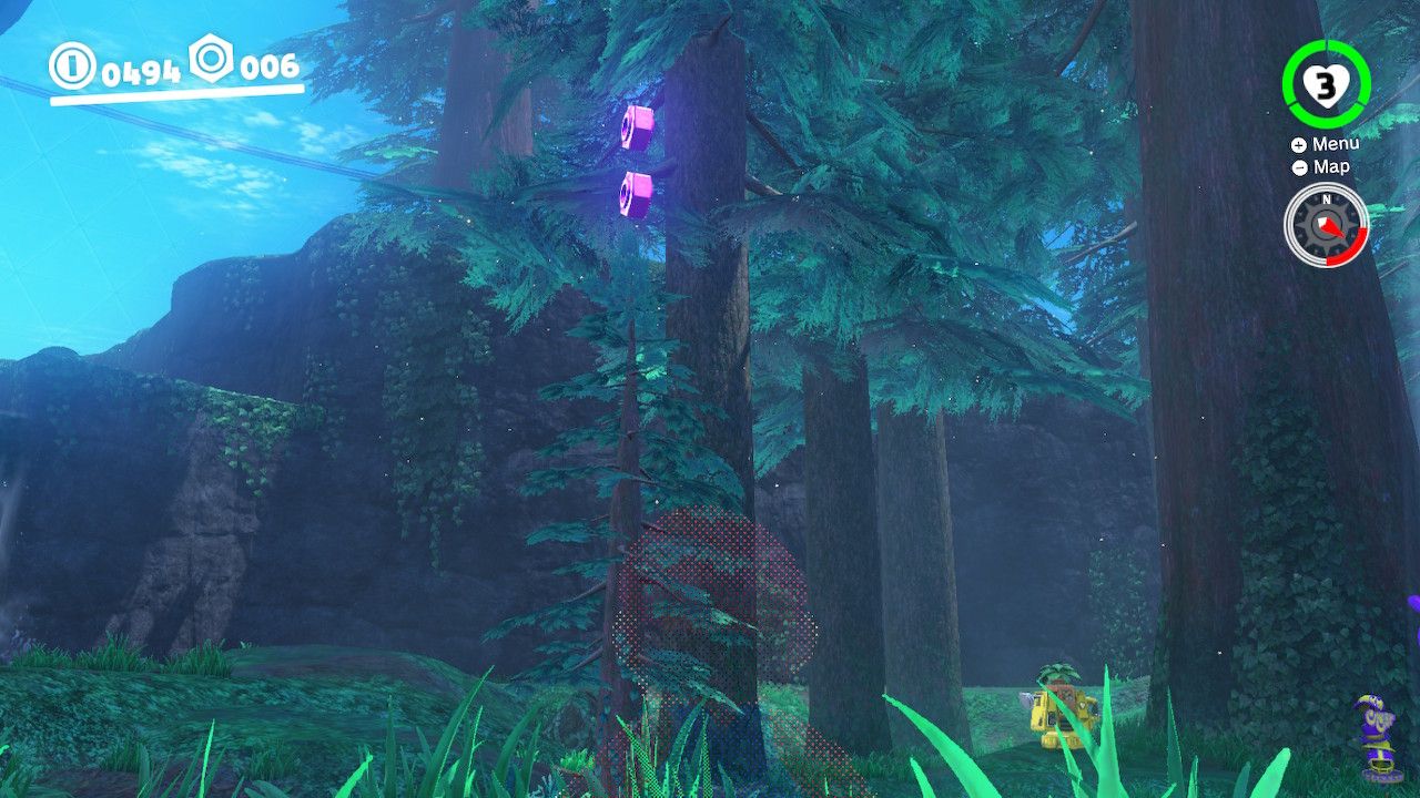 Purple coins on top of a tree in the Wooded Kingdom in Super Mario Odyssey.