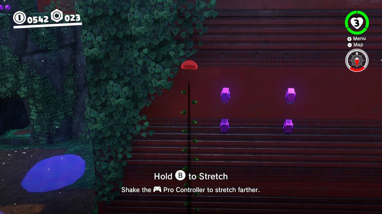 Mario uses an extending enemy to reach some purple coins in the Wooded Kingdom in Super Mario Odyssey.