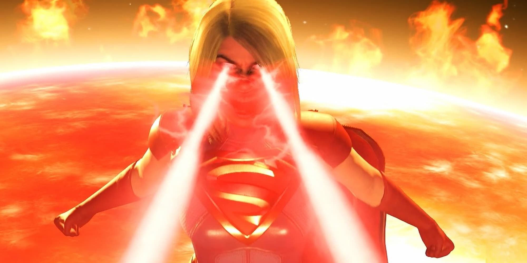 Supergirl blasts an opponent with lasers from her eyes, in space, with the sun behind her.