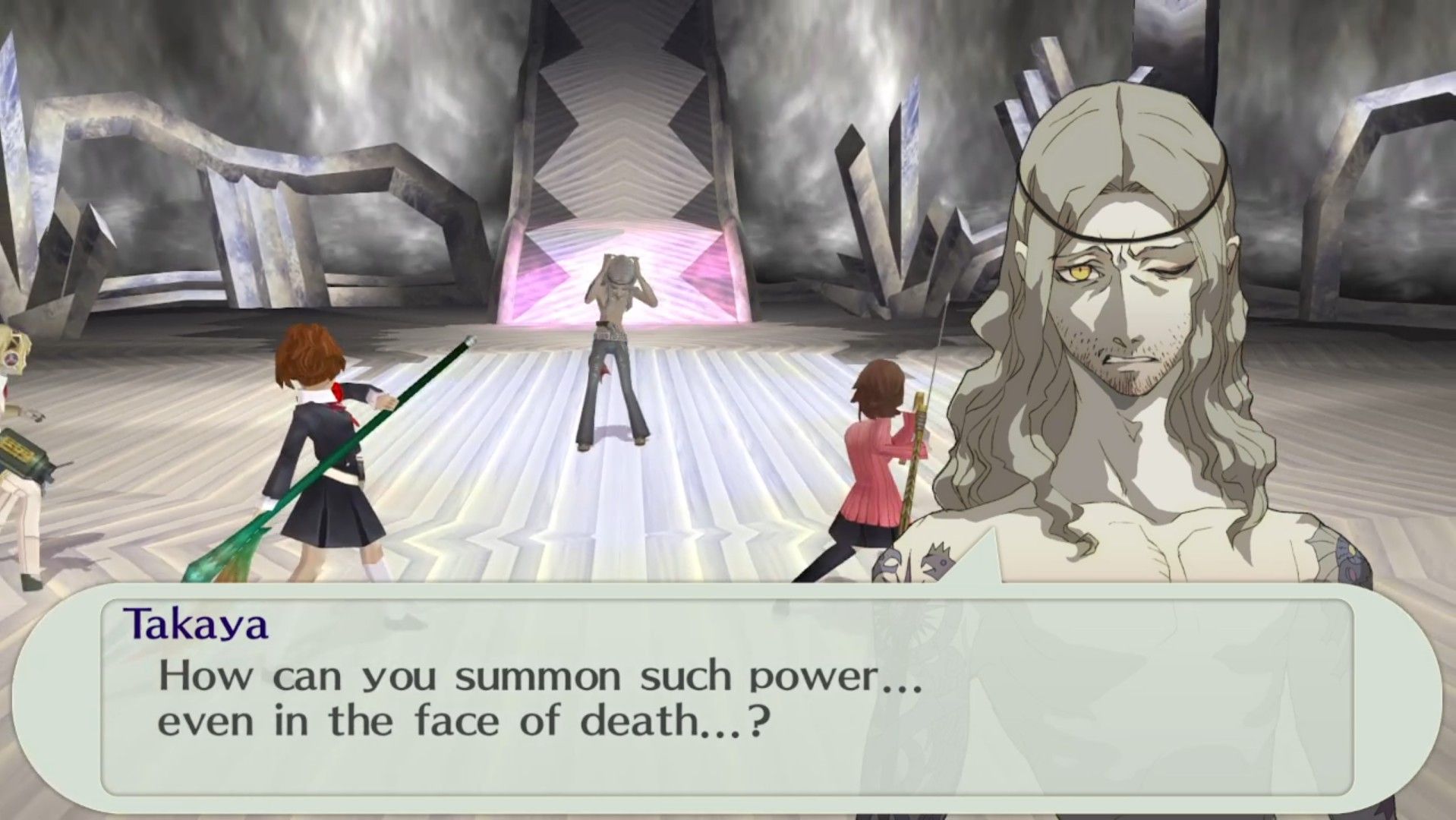 takaya asking how you're so powerful in the face of death as you fight him again in january in persona 3 portable