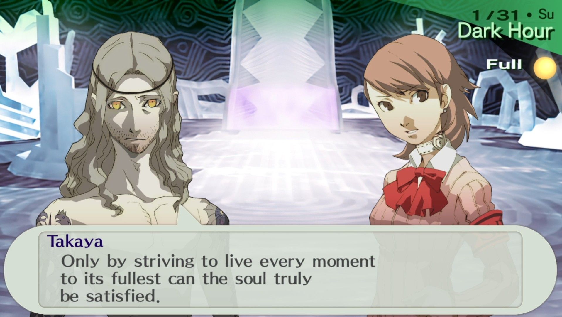 takaya saying to yukaru that you have to live every moment to be satisfied in persona 3 portable's january takaya rematch