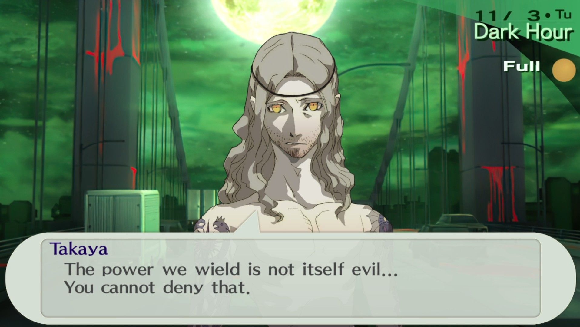 takaya trying to convince you that he's not evil for using his persona in persona 3 portable