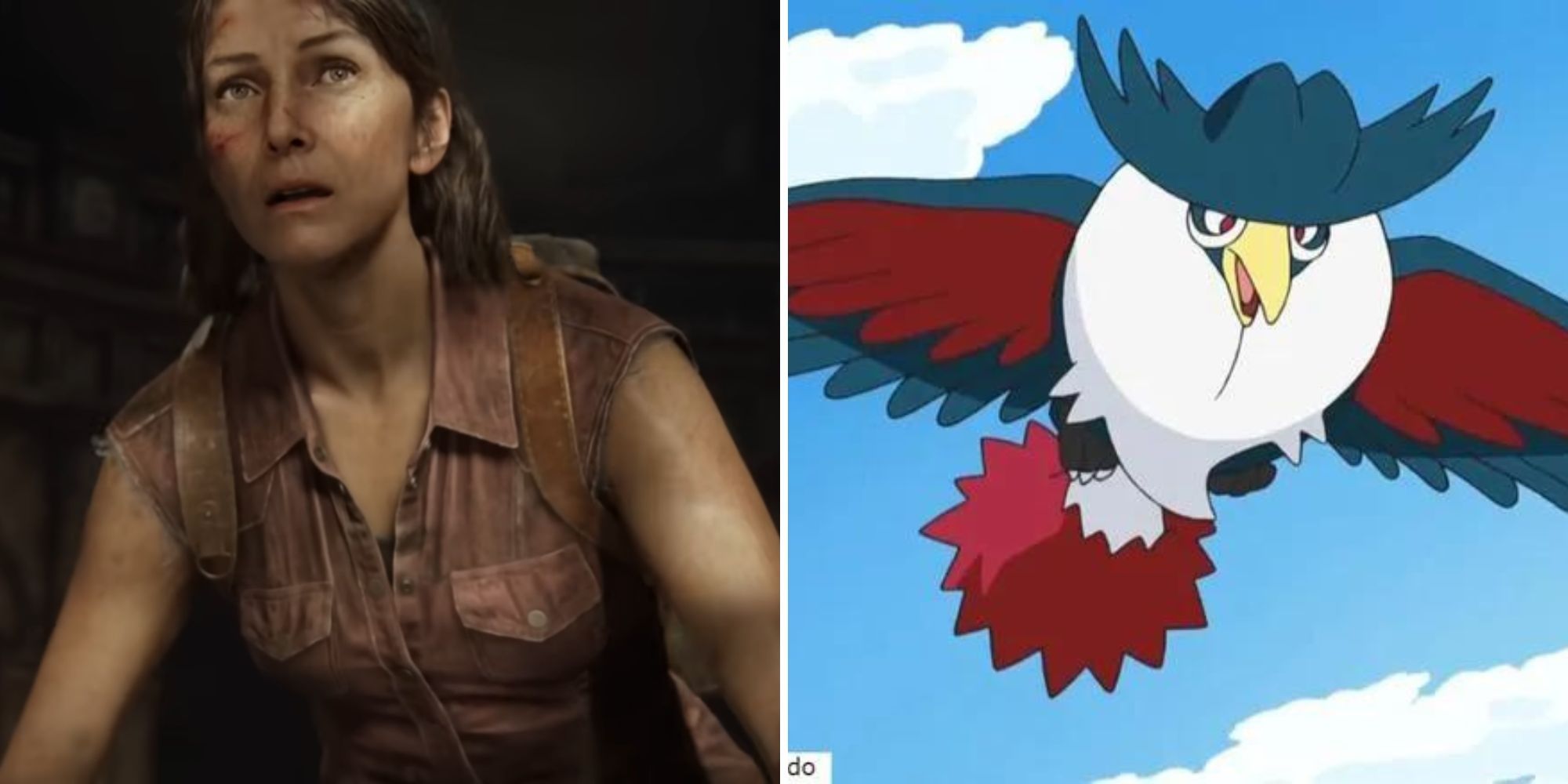 Tess stands in a dark room and Honchkrow soars through the sky