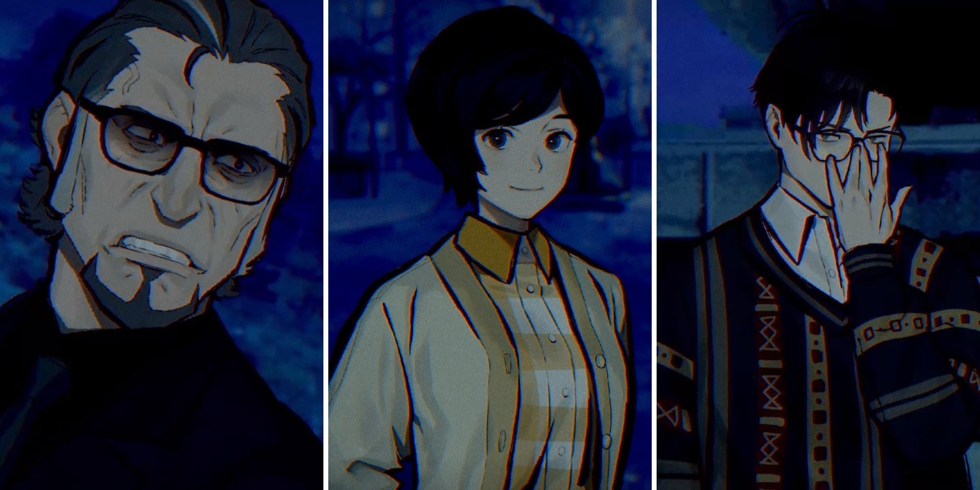 Tetsuo Tsutsumi looks shocked, Yoko Fukunaga stands in a park, Yutaro Namigaki slides his glasses up his nose