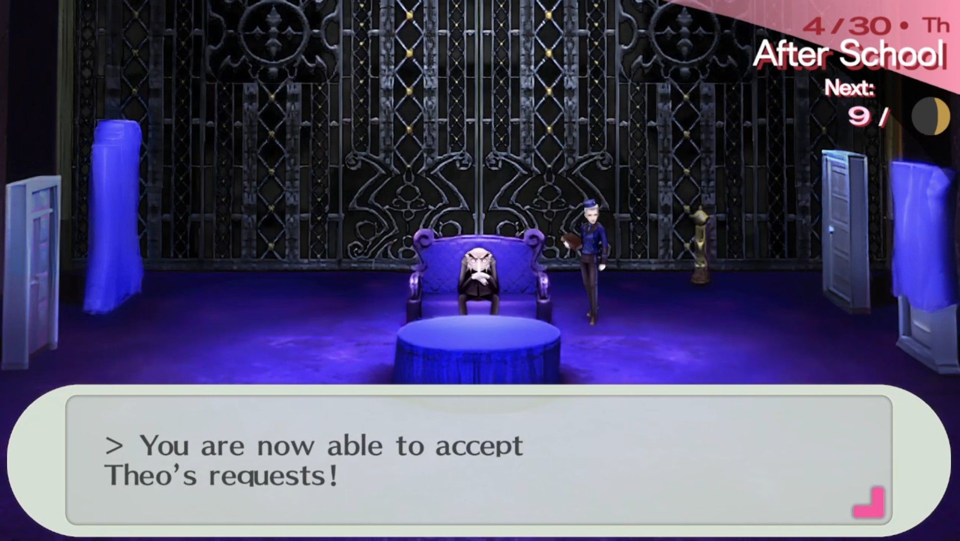 text screen allowing the female protagonist to accept theodore's velvet room request in persona 3 portable